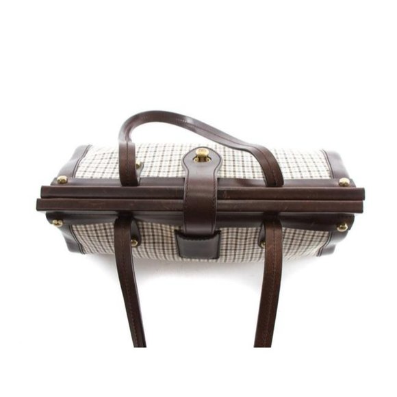 Bally Vintage Brown Leather And Bluish Grey Plaid Canvas Satchel - Picture 3 of 12